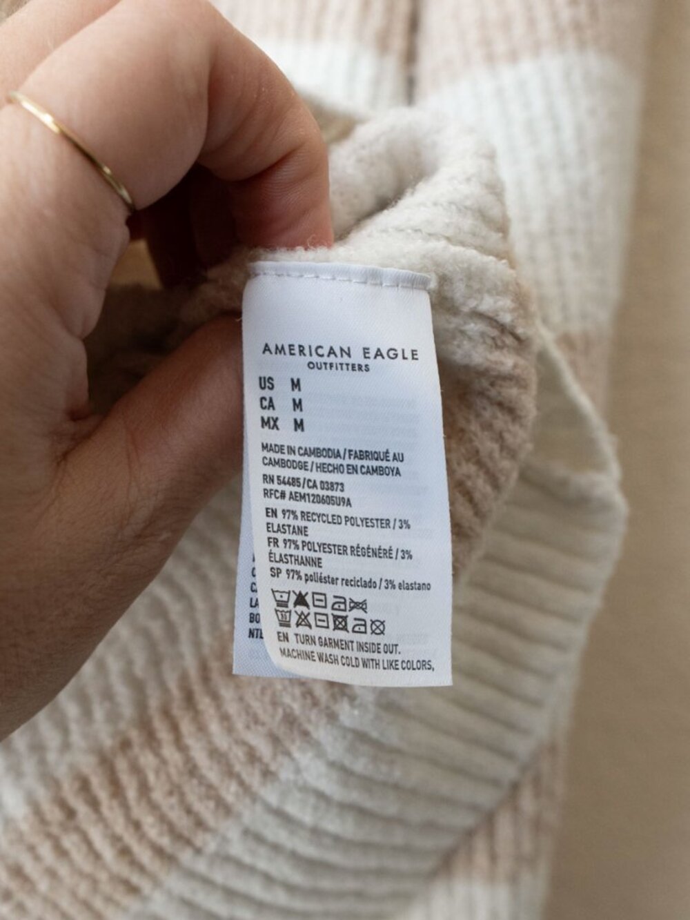 American Eagle Stripe Sweater Womens Medium Cream Tan Rib Knit Pullover Soft - Picture 9 of 14